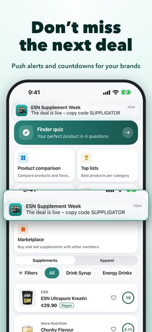 Push alerts at deal launch and for restocks in the Suppligator app