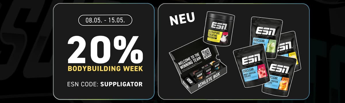 20% off during ESN Bodybuilding Week, featuring many new product launches
