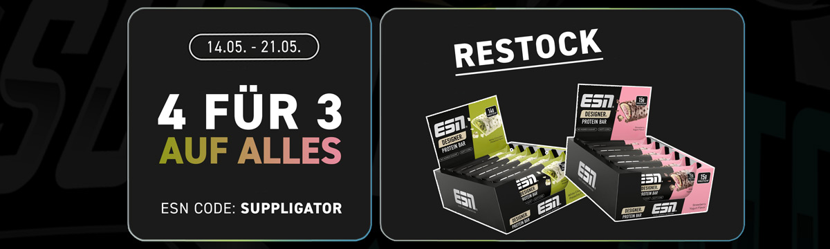 “Buy 4, Get 3 Free” promotion at ESN with the restock of Designer Bars in Pistachio & Strawberry Yogurt flavors