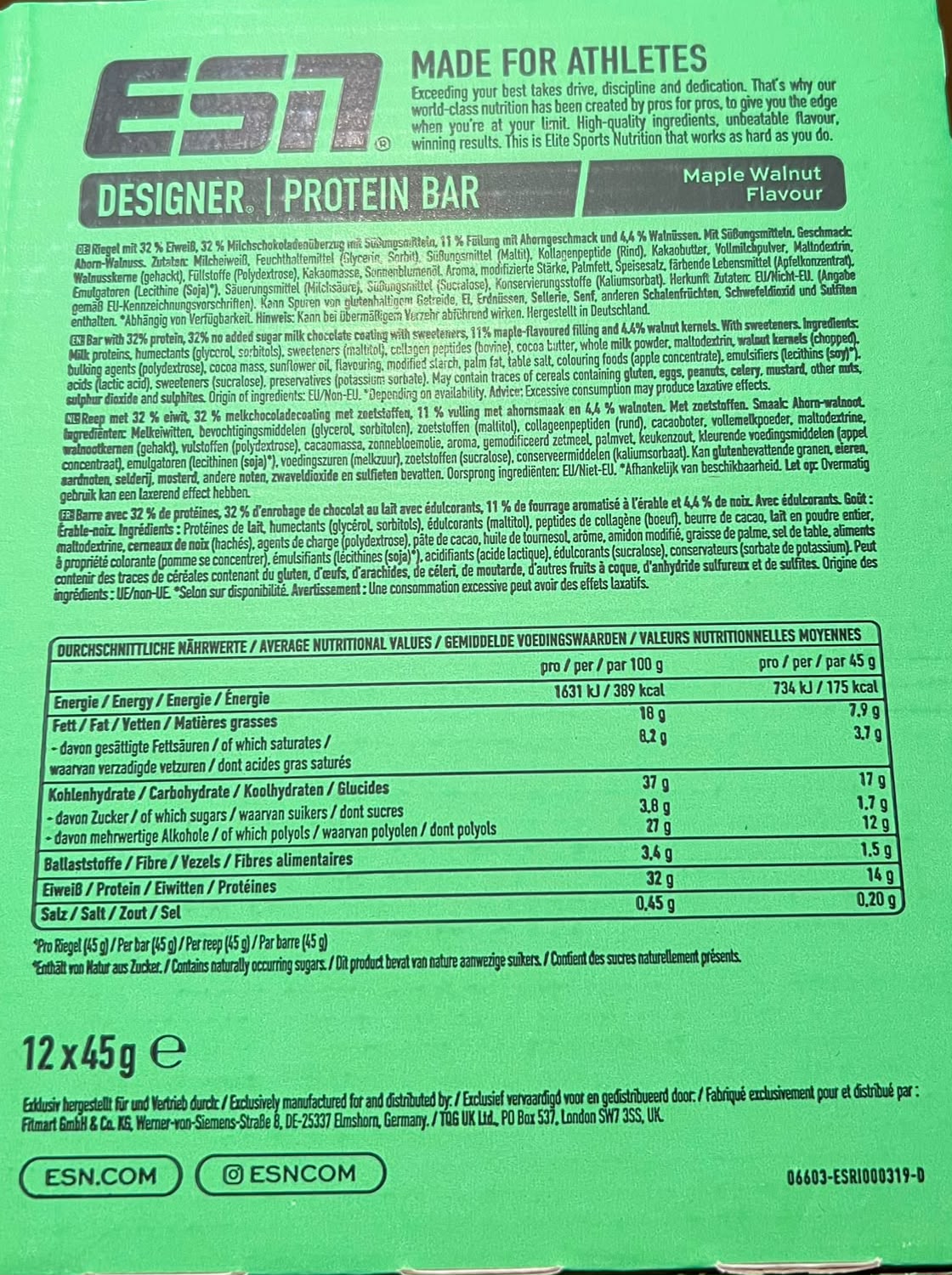 ESN Designer Bar Maple Walnut – back of pack with ingredients and nutrition facts