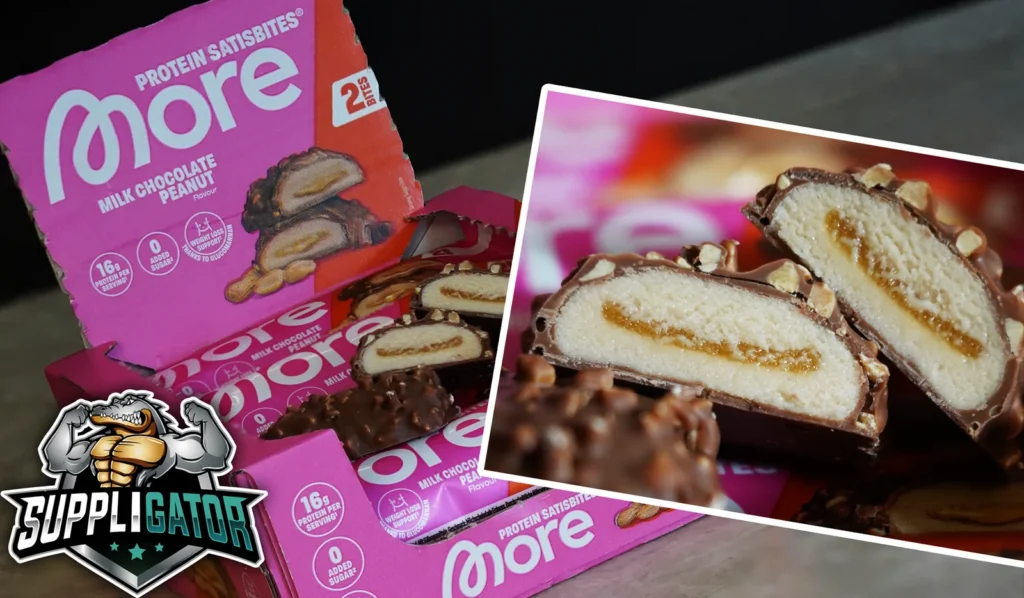 More Protein Satisbites Milk Chocolate Peanut: Tray und Bite im Anschnitt